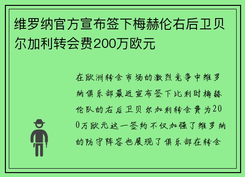 维罗纳官方宣布签下梅赫伦右后卫贝尔加利转会费200万欧元