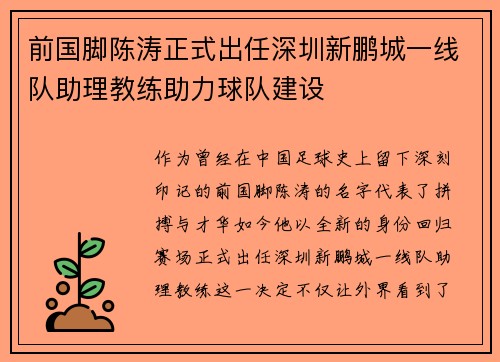 前国脚陈涛正式出任深圳新鹏城一线队助理教练助力球队建设