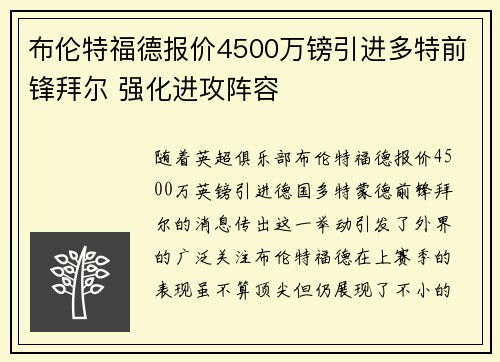 布伦特福德报价4500万镑引进多特前锋拜尔 强化进攻阵容 布伦特福德报价4500万镑引进多特前锋拜尔 强化进攻阵容